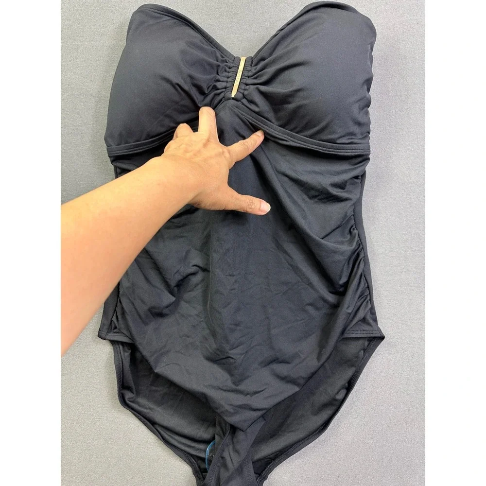 Calvin Klein Women Black Bandeau Ruched One Piece Swimsuit CG5MS002 Size‎ 14